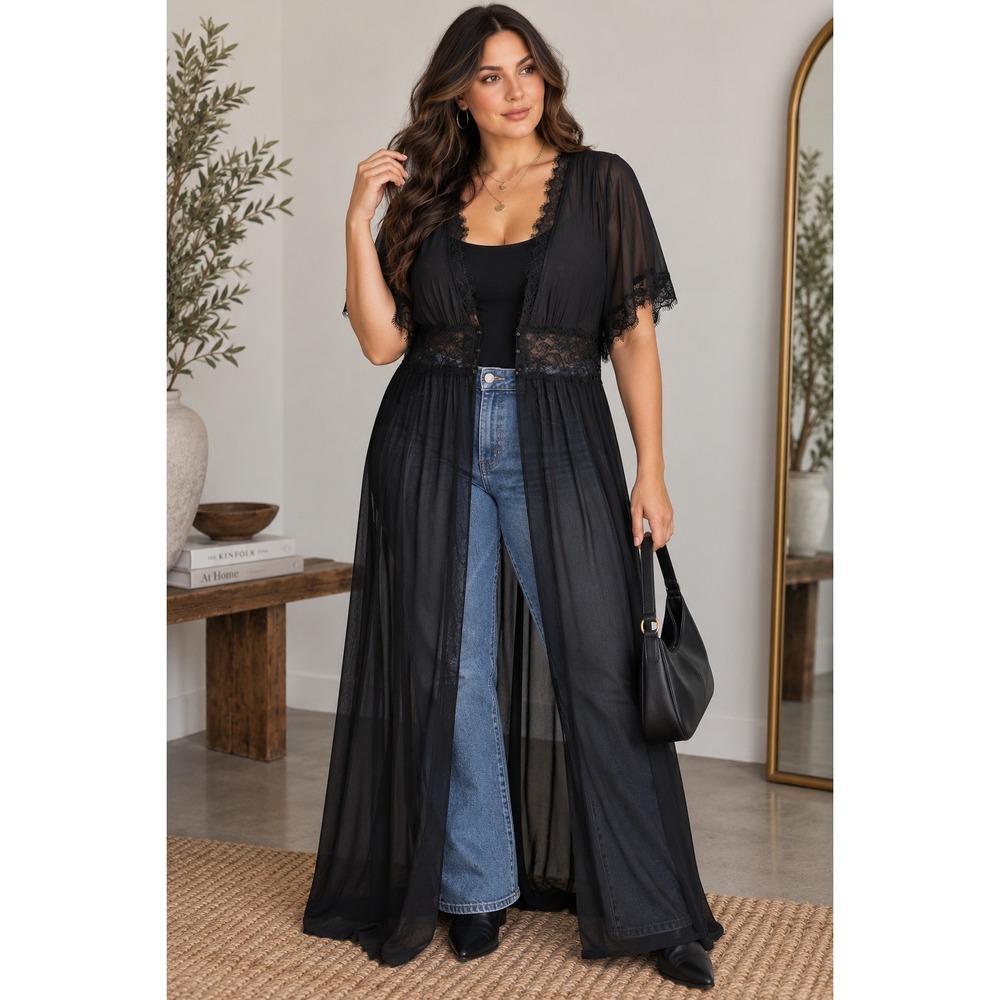 Torrid Black Sheer Lace Maxi Duster Goth Romantic Plus Size 2 18/20